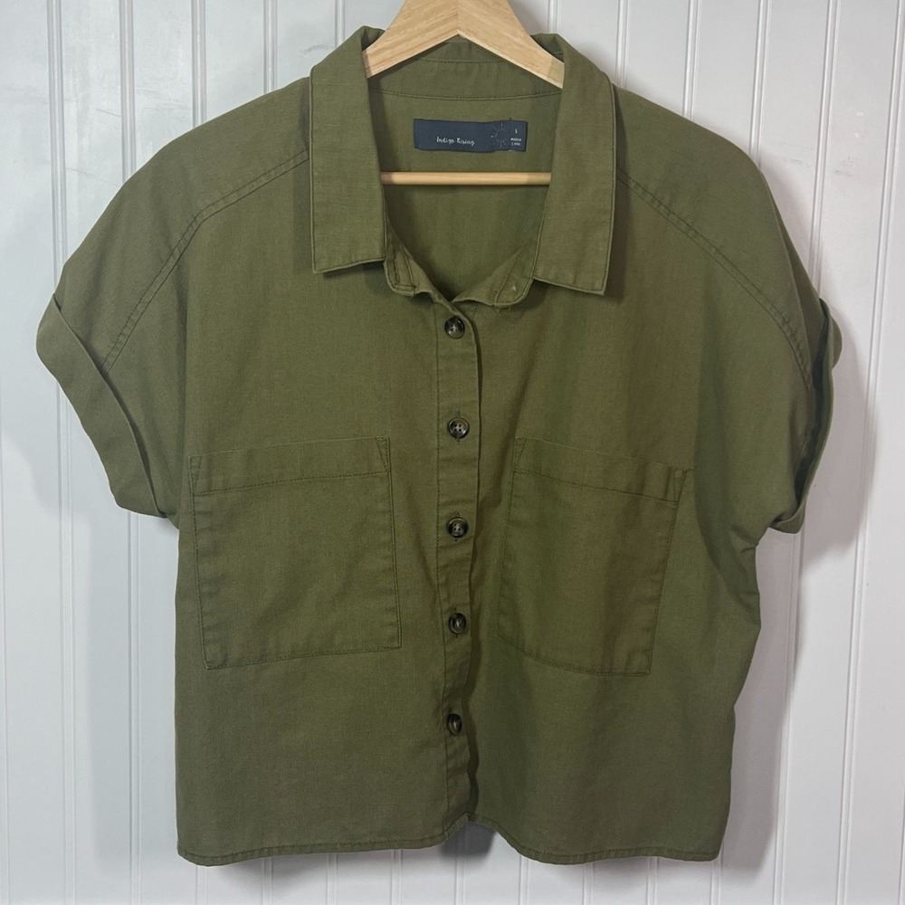 Indigo Rising Shirt Green Linen Lagenlook Nature Cropped Boxy Button Up Shirt L